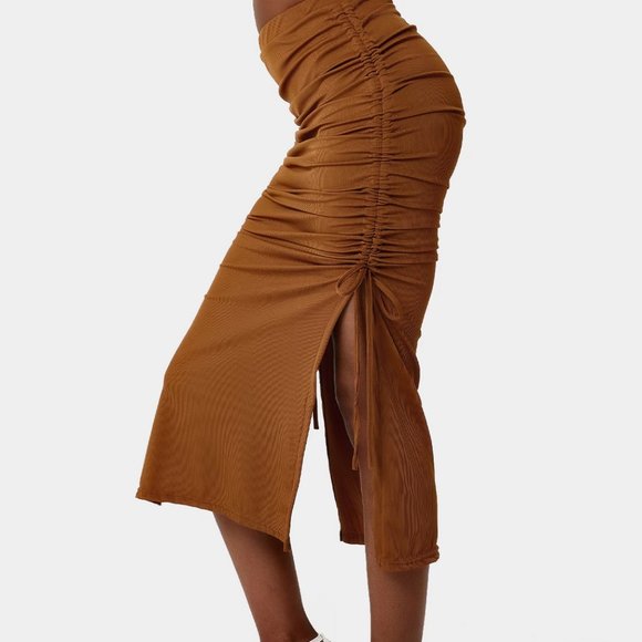 HALARA Skirts Halara Brown Ribbed Side Slit Ruched Tie Midi Skirt